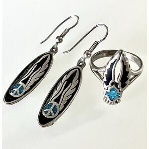 Vintage Silver Inlay Ring & Earring Set Harley Davidson Wings Turquoise & Black